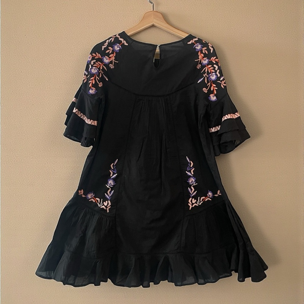 Free People Embroidered Boho Mini Dress Black Floral Cotton Peasant Size Small - Picture 3 of 6
